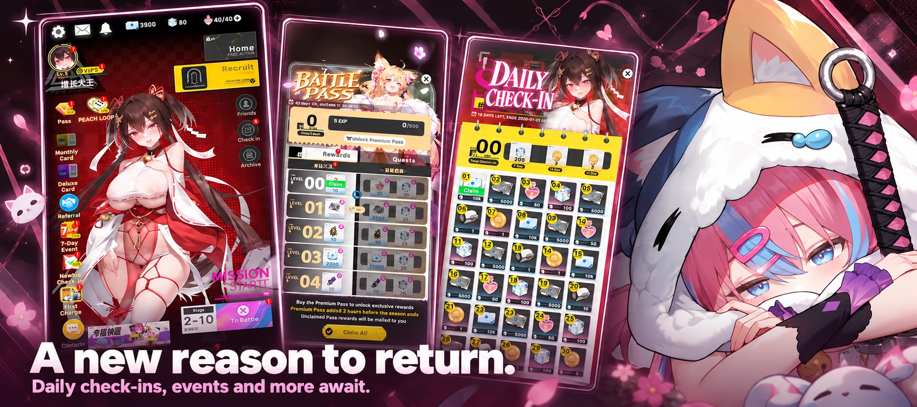 A new reason to return. Daily check-ins, events and more await. Home interface, battle pass and daily check-in panels beside a cat-hooded companion